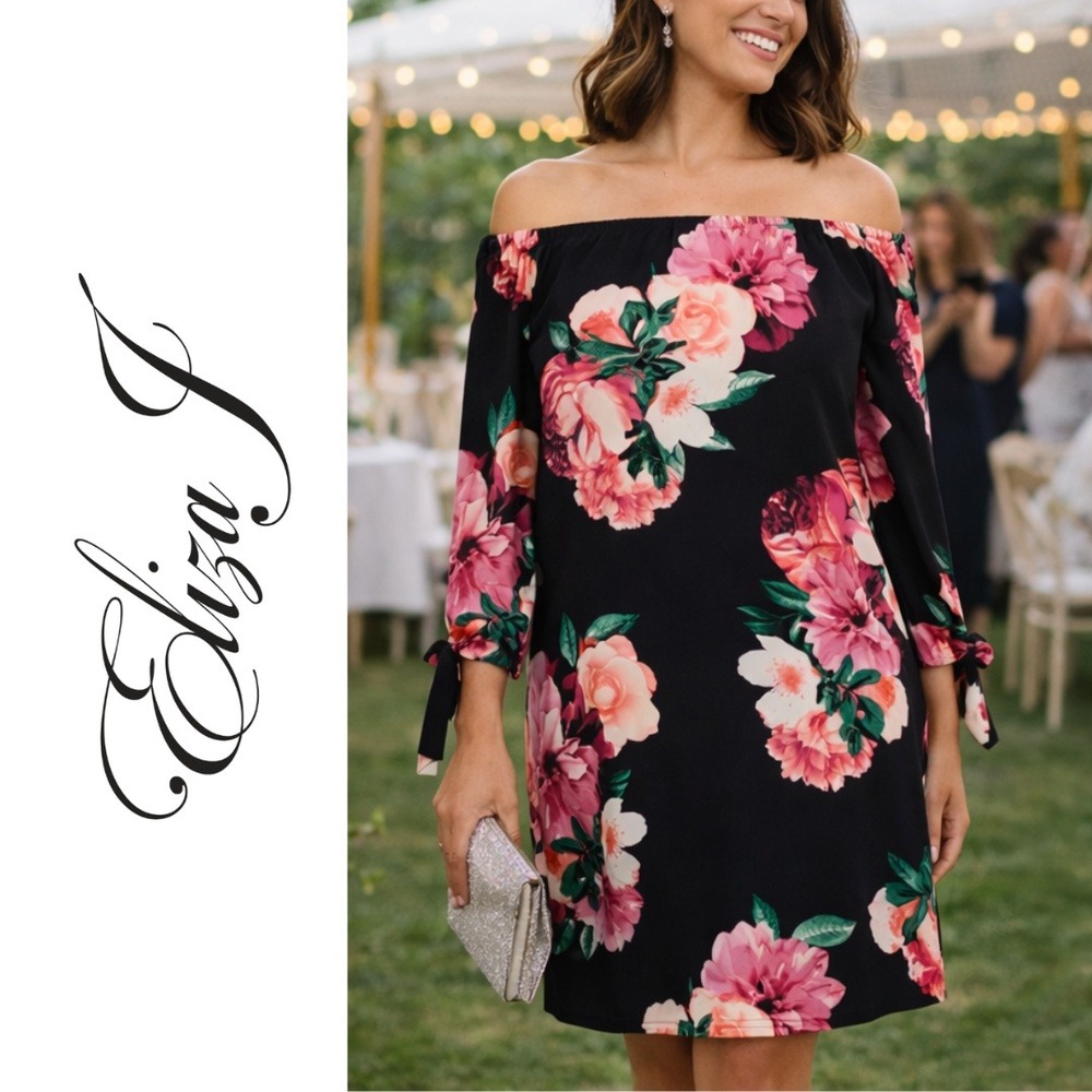 Eliza J, Navy Floral Off The Shoulder Dress With Tie Sleeve Detail Size 10